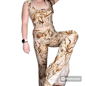 ‘No Comment’ Boutique Two Piece Top and Flare Pants Set Swirl Size Large Brown
